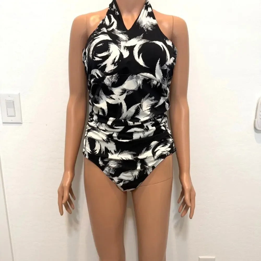 Spanx 12 Decadent Decollete Vortex print halter one piece swimsuit SW 2866